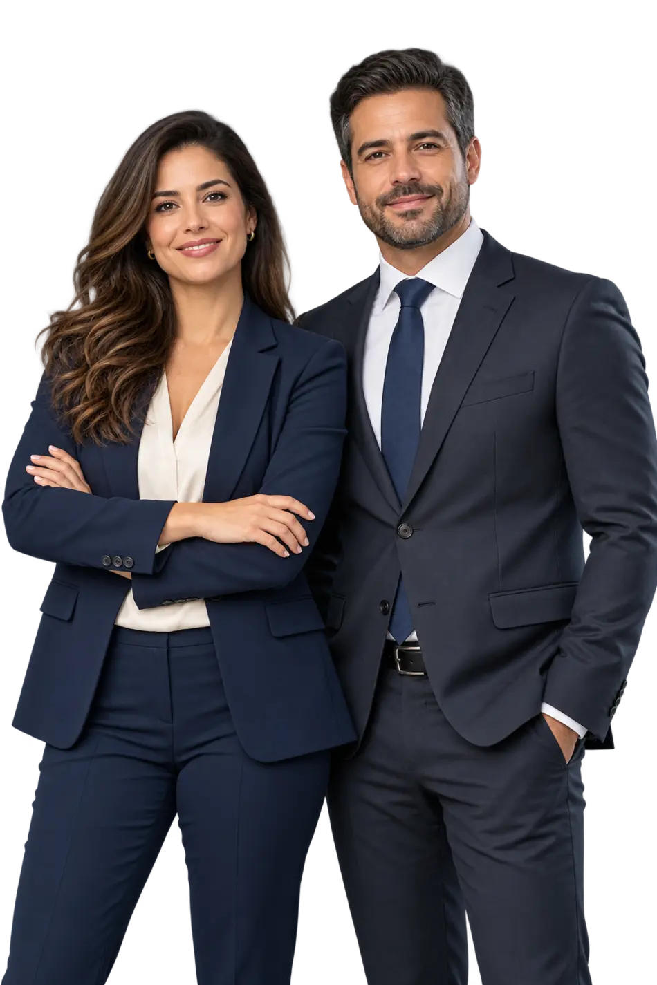 Casal de advogados olhando com confiança para o visitante